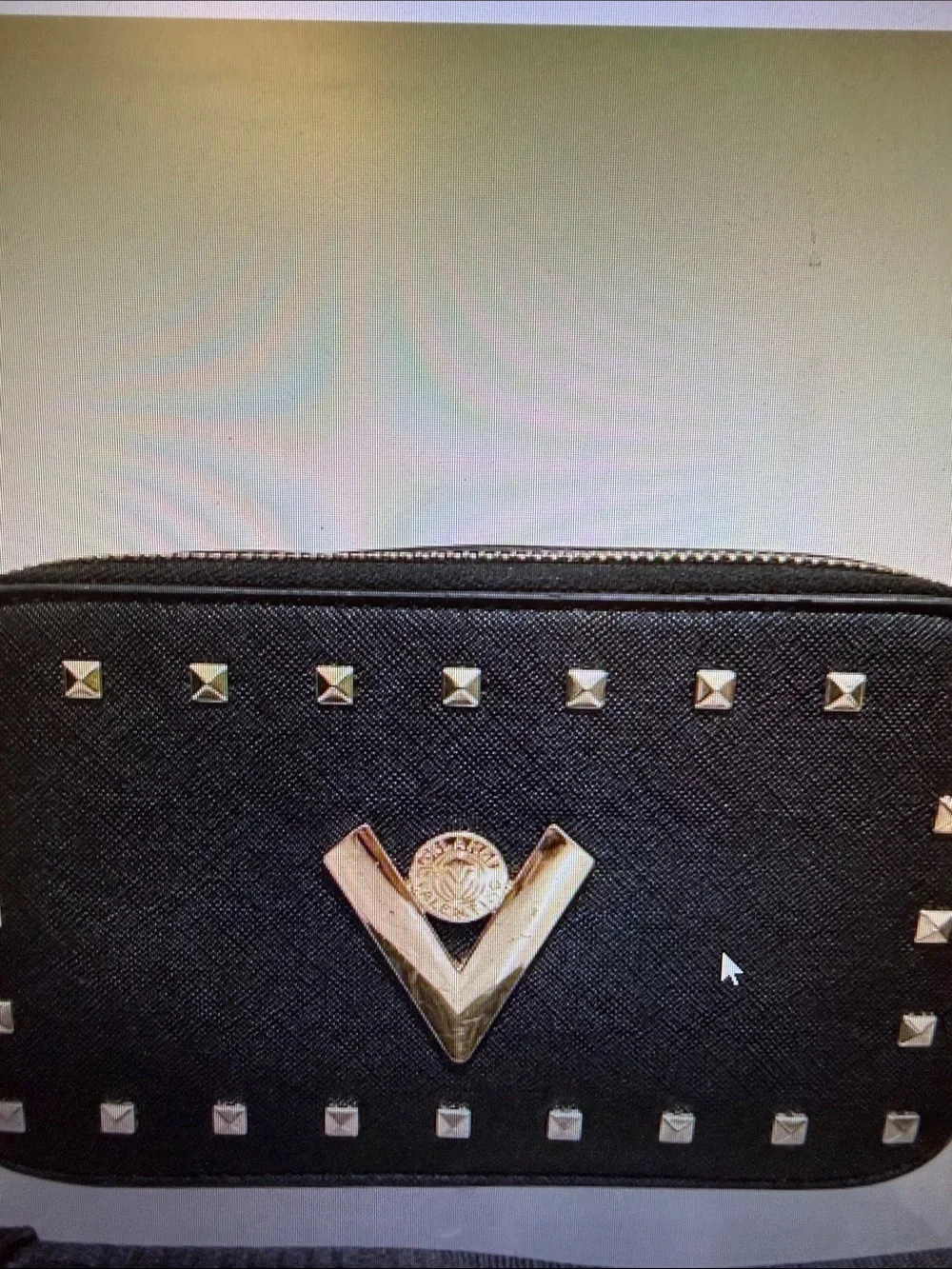 Valentino Orlandi Black Camera bag double zip with Gold V Emblem and Studs
